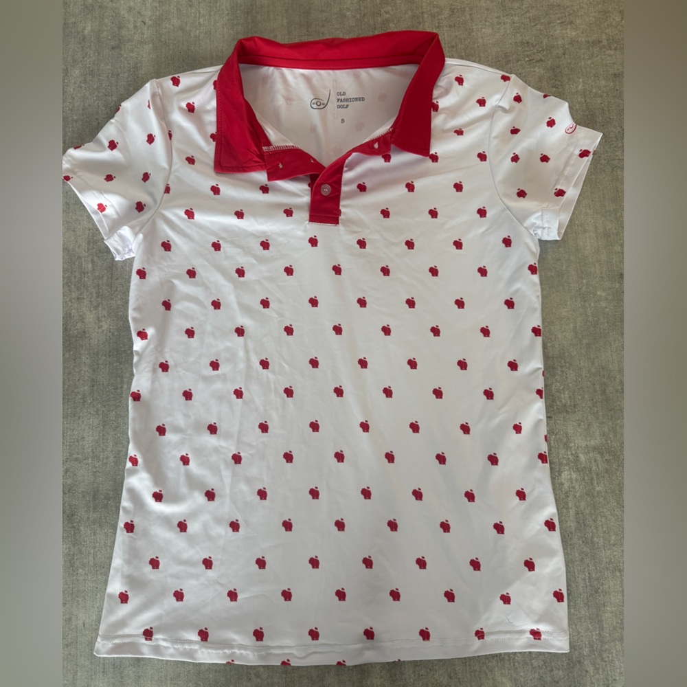 Old Fashioned Golf Women’s Polka-State Polo – White w/ Red Wisconsin – Small